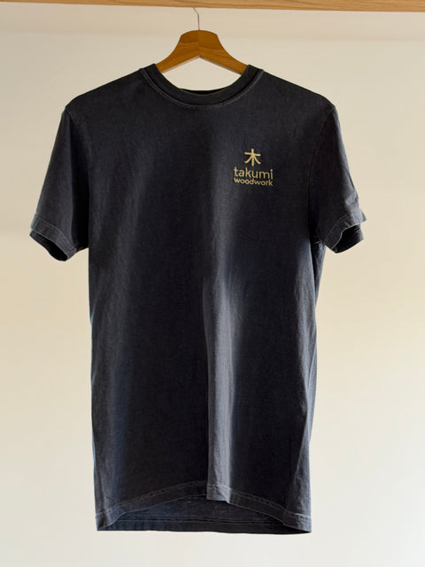 Denim navy Takumi T-shirt, front with gold embroidered chest logo