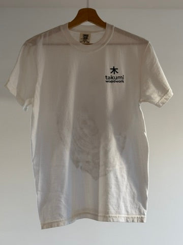 White Takumi tree-ring T-shirt, front with black embroidered chest logo