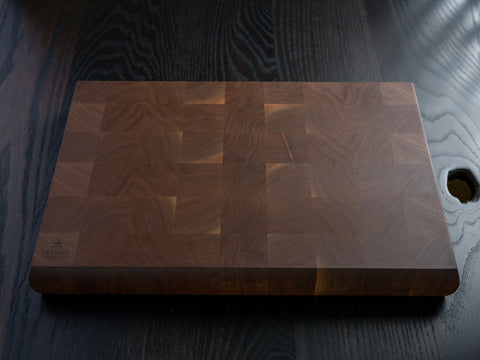 Walnut end-grain chopping board, angled view